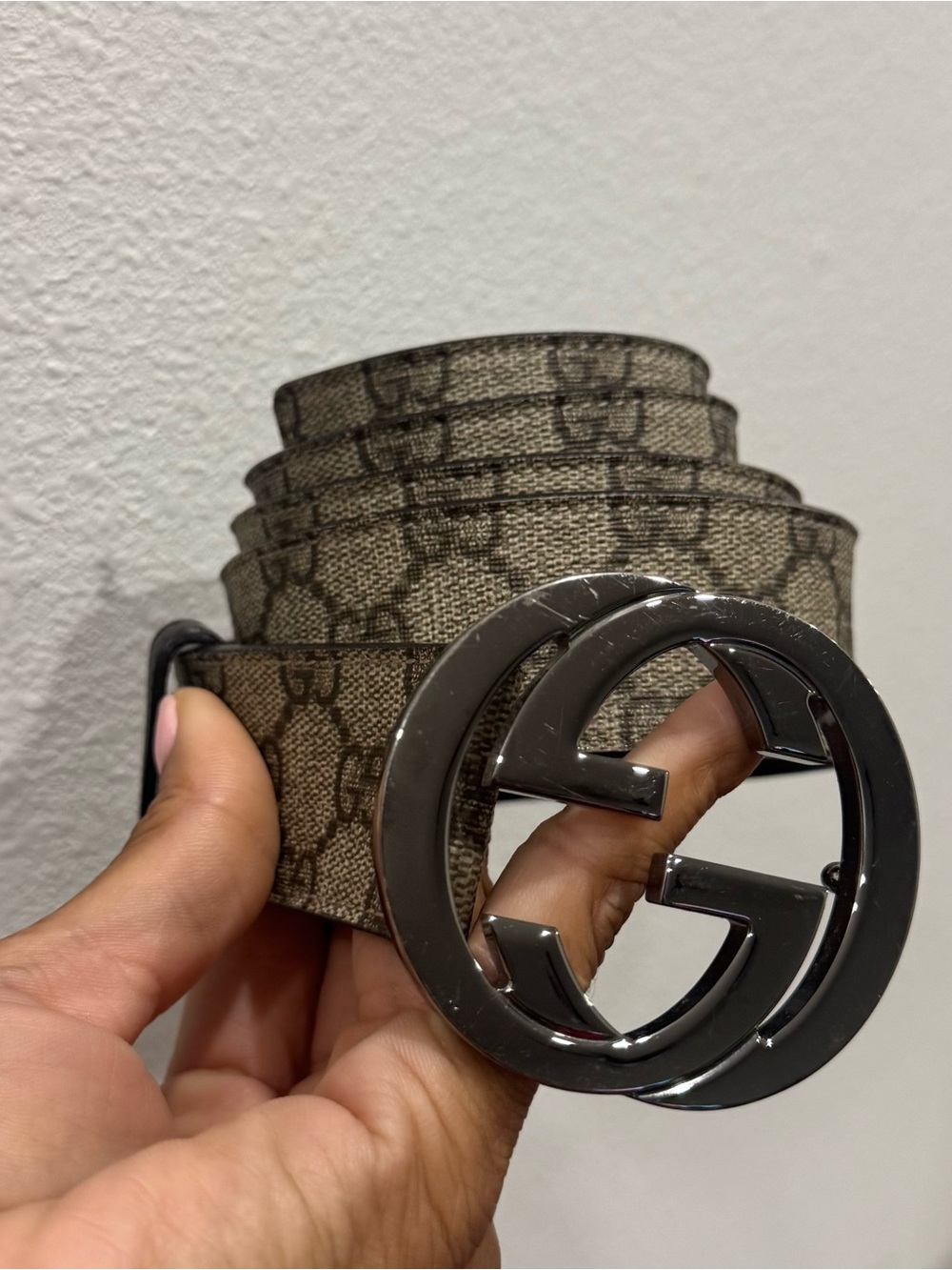 Gucci Beige Monogram GG Canvas Belt with Gunmetal Double G Buckle